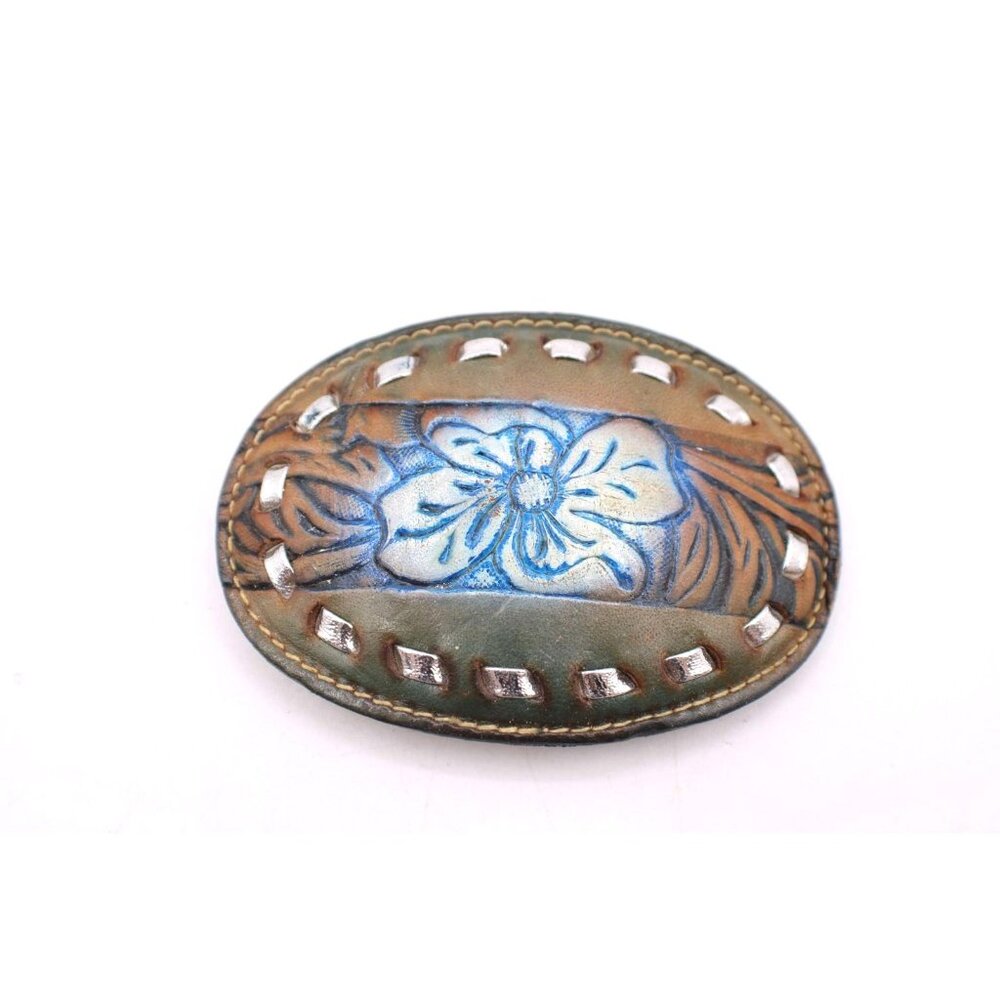 Western Tooled Leather Belt Buckle Brown Blue Ombre Floral Silver Ribbon Vintage